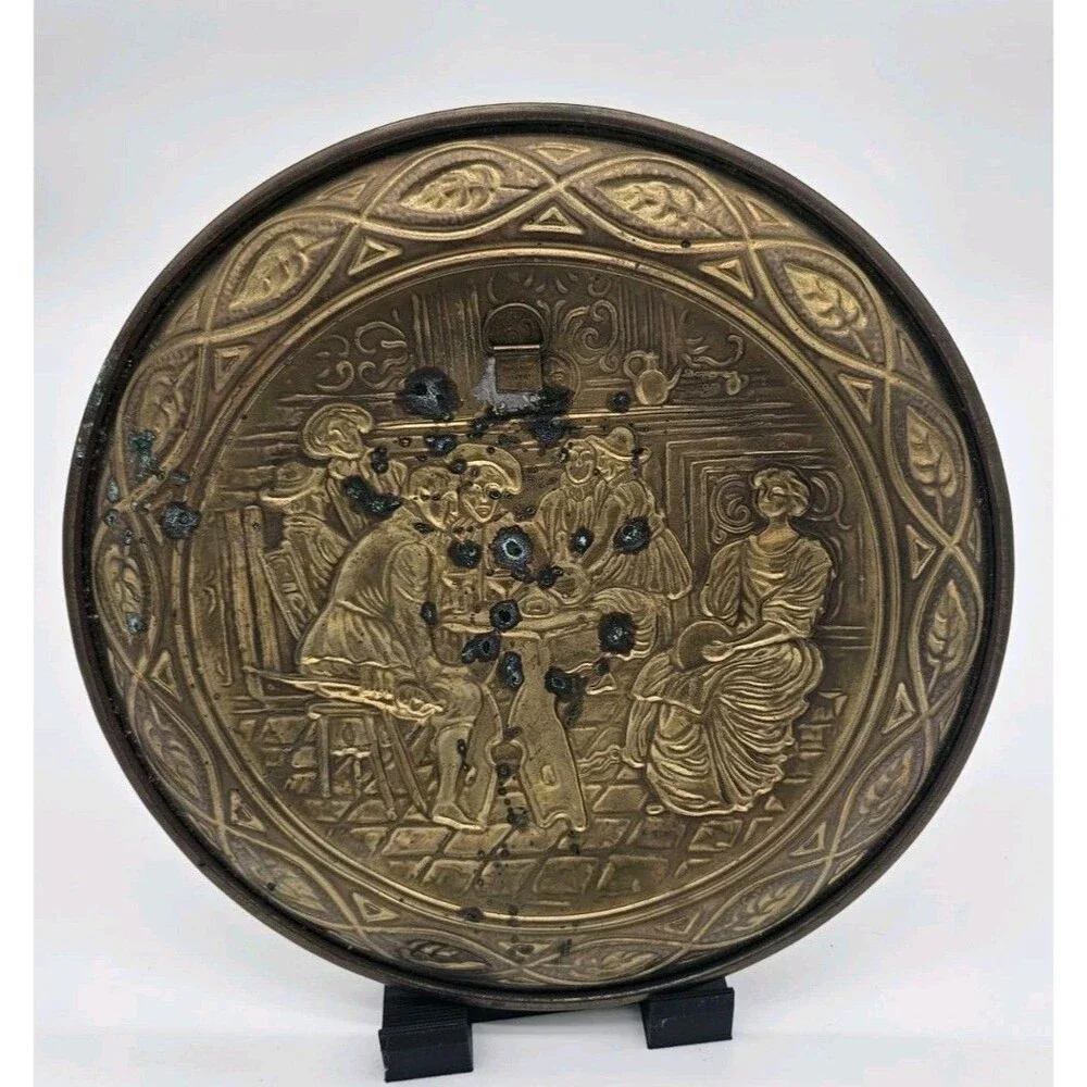 Brass Decorative Embossed Plate with Figures and Scene Collectible Metalware
